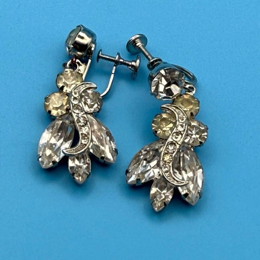 Vintage Rhinestone Screw-Back Earrings • Clear & Pale Yellow • 1.75” Mid-Century